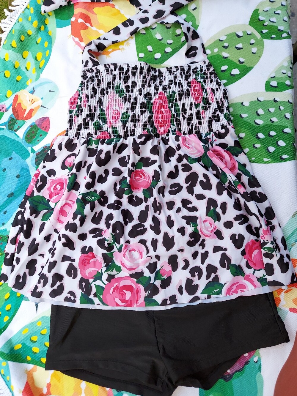 Roses Animal Print Two Piece Smocked Halter Peplum Swimsuit